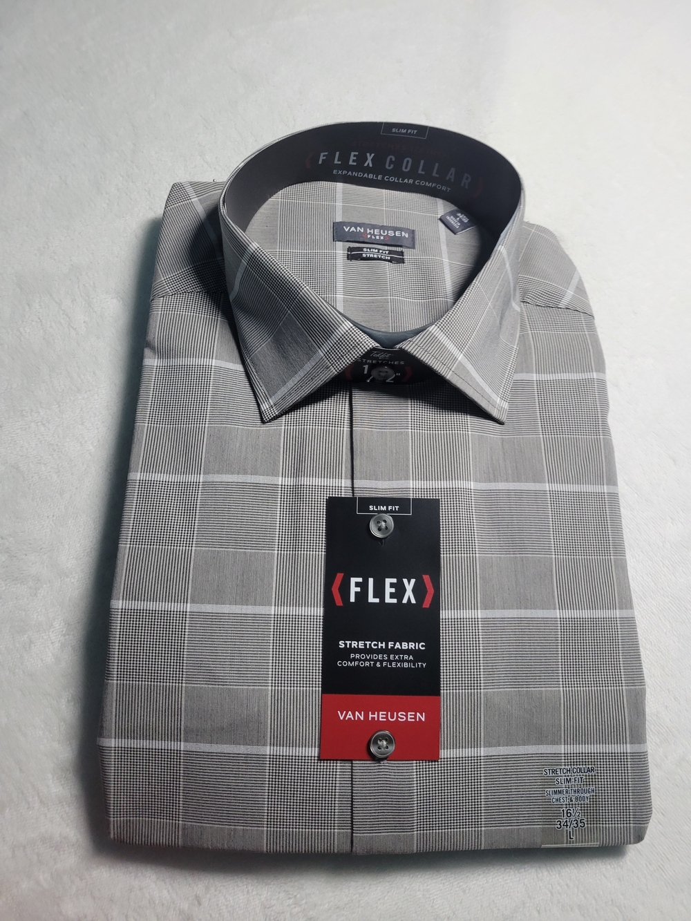 Van Heusen Men's Grey Plaid Stretch Dress Shirt - Slim Fit Size L 16.5 34/35
